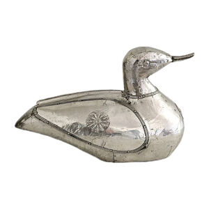 Vintage Silver Metal Over Wood Duck Decoy Figurine Folk Art Decorative Bird